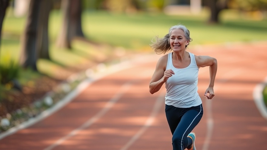 Senior woman sprinting, showcasing longevity exercises for healthy aging.