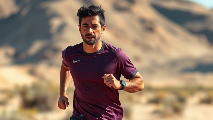 Middle-aged Hispanic male athlete running in the desert for the Bal Joshi marathon.