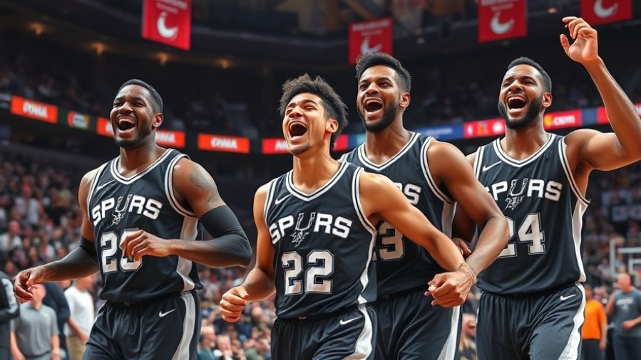 Energetic Spurs players celebrating top plays in basketball under arena spotlight.