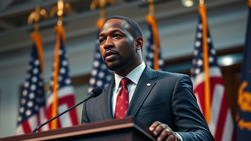 Professional black man speaking on political representation amidst American flags.