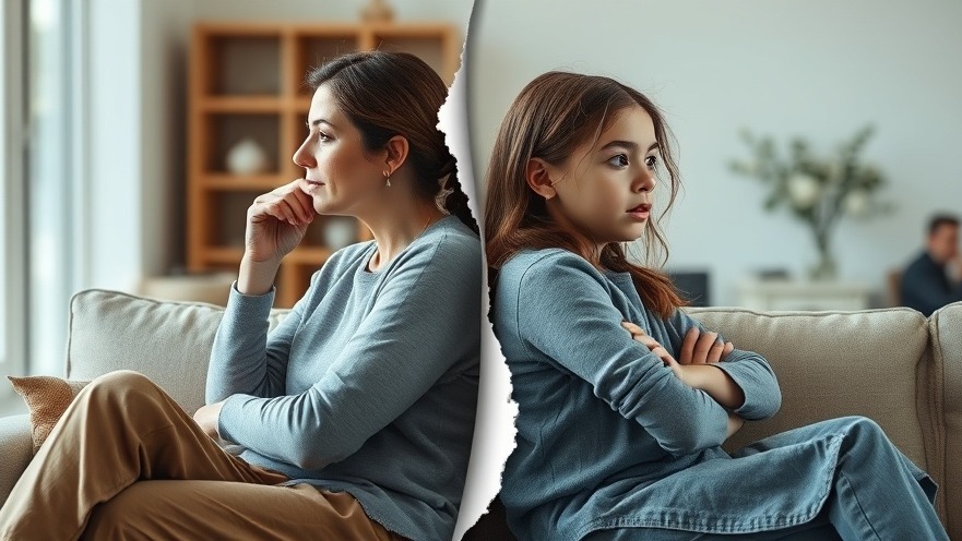 A mother and daughter sit back-to-back, conveying estrangement and family dynamics in a bright living room.