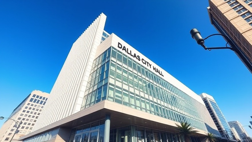 Modern Dallas City Hall with slanted facade in clear blue sky, showcasing Dallas news.
