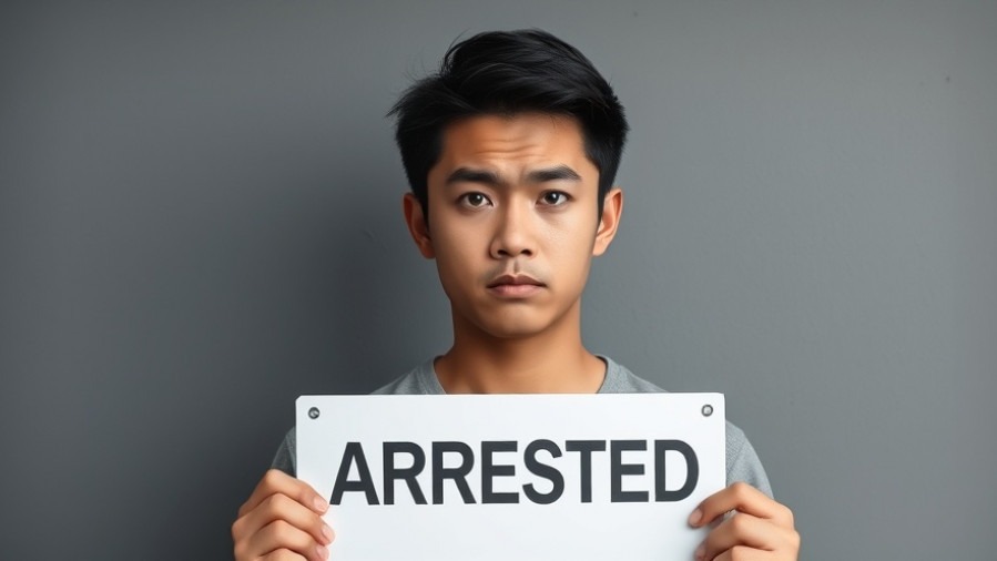 Worried Asian male in mugshot holding 'ARRESTED' sign, highlighting privacy violations in community safety.
