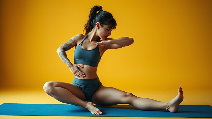 Athletic tattooed woman practicing mobility exercises for hip flexibility on a blue yoga mat.