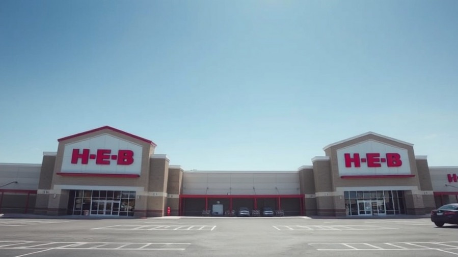 Modern H-E-B grocery store in Bexar County, showcasing vibrant red logo and spacious parking.