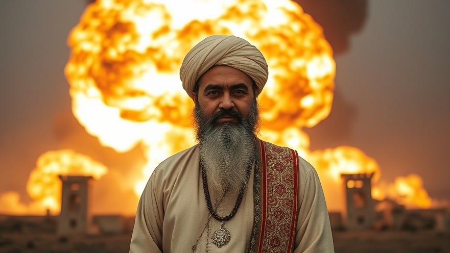 Ayatollah in traditional attire before a massive explosion, representing breaking US news.