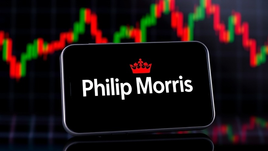 Photorealistic smartphone with Philip Morris logo and stock market graph, highlighting health news San Antonio.