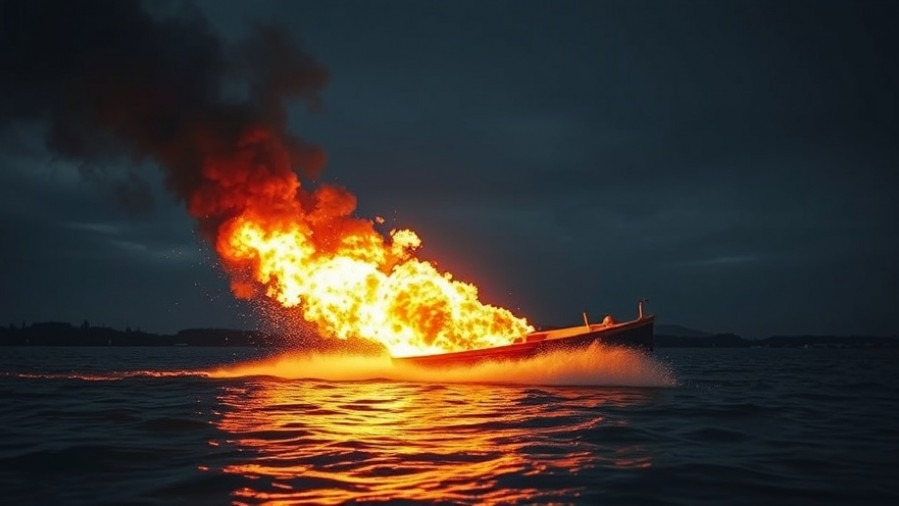 Cigarette boat engulfed in flames, highlighting breaking national news on drug trafficking.