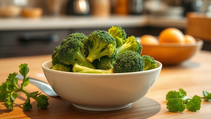 Bowl of broccoli on kitchen table, promoting a balanced lifestyle and wellness.