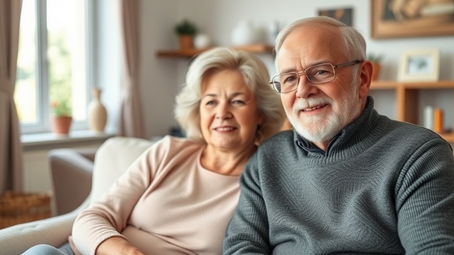 Confident older couple practicing mindfulness exercises at home for stress relief.