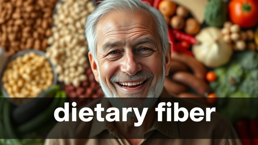 Smiling older man discussing dietary fiber for healthy lifestyle habits with nutritious foods.
