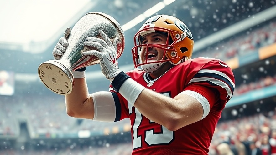 Patriots Super Bowl celebration: player holding Lombardi Trophy in snowy stadium.