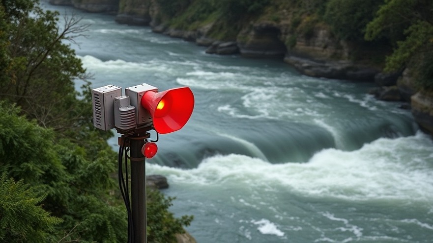 Warning sirens signaling Kerr County recovery efforts above a raging river