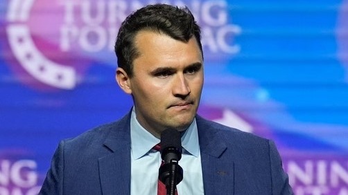 FBI internal rift over Charlie Kirk case files depicted in split image, serious expressions.