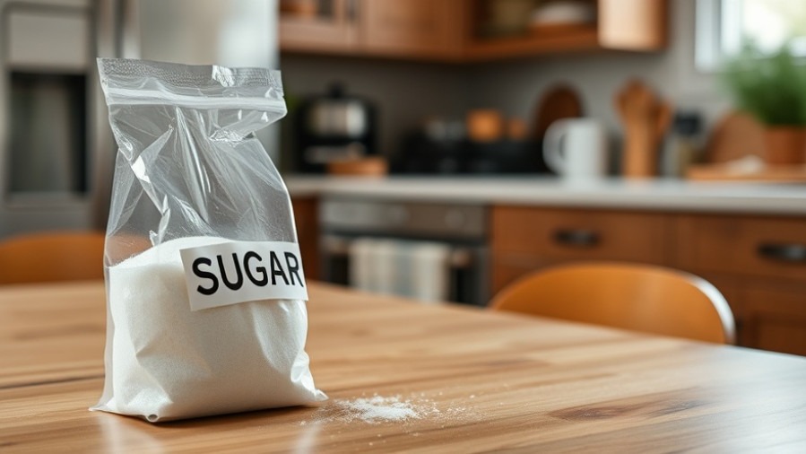 A bag labeled 'SUGAR' on a kitchen table, highlighting action steps to reduce sugar intake.
