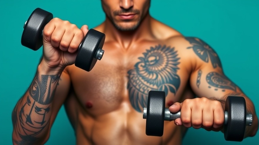 Tattooed individual doing strength training with dumbbells on a teal background.