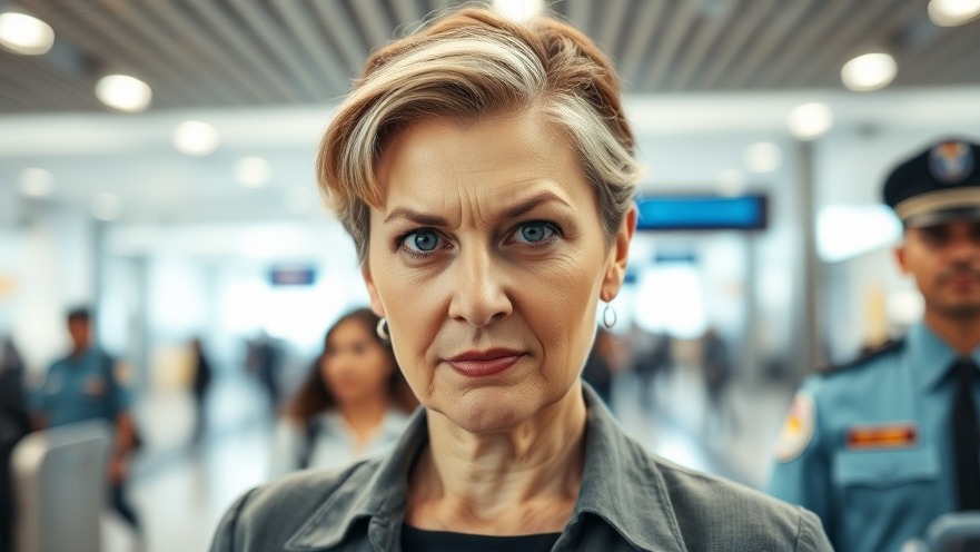 Confident woman opting out of airport facial scans, defying biometric technology.