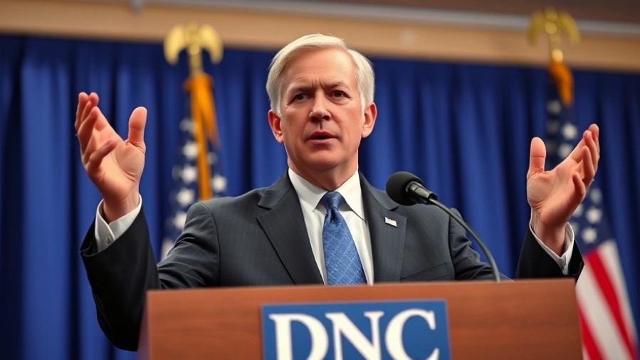 Confident politician at DNC event, gesturing in formal attire, 2024 elections summary.