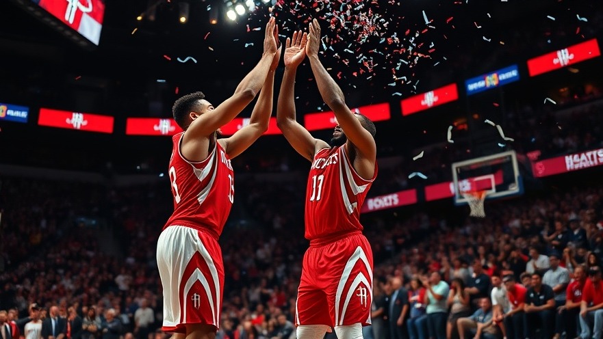 Houston Rockets players celebrate in mid-air under vibrant arena lights, capturing thrilling houston rockets news.