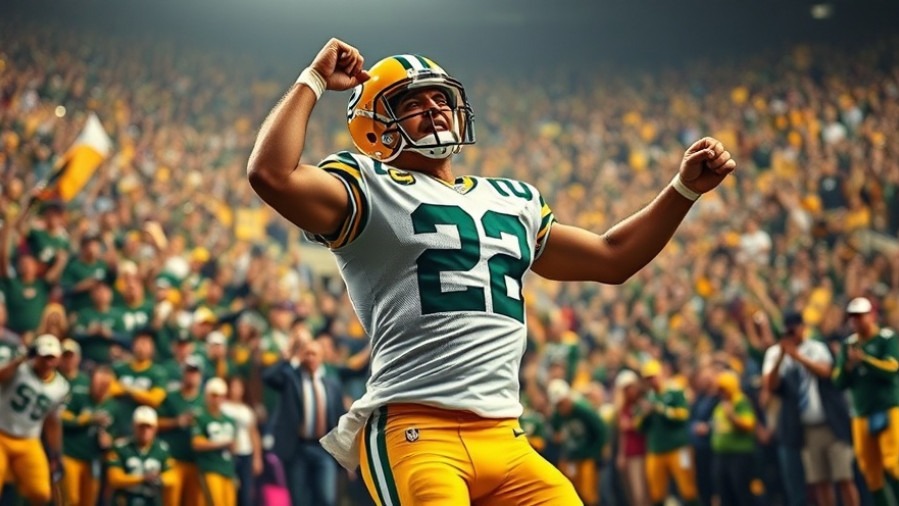 Dynamic Packers player celebrating in a vibrant stadium, highlighting the Packers Bears rivalry.