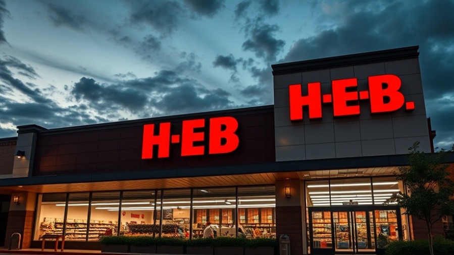 Modern H-E-B grocery store in Austin, showcasing vibrant architecture and evening ambiance.