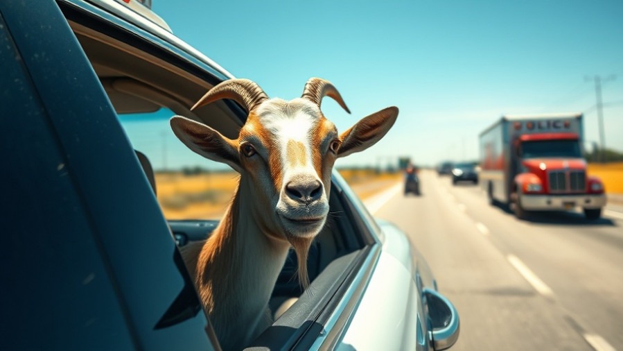 Curious goat in police car reflects community policing at Texas police event.