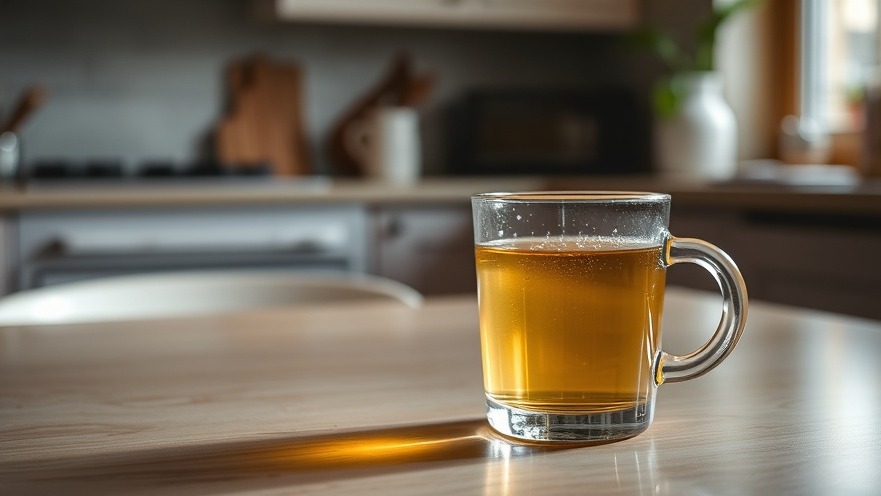 A glass of pale tea on a kitchen table, promoting holistic living in Houston.