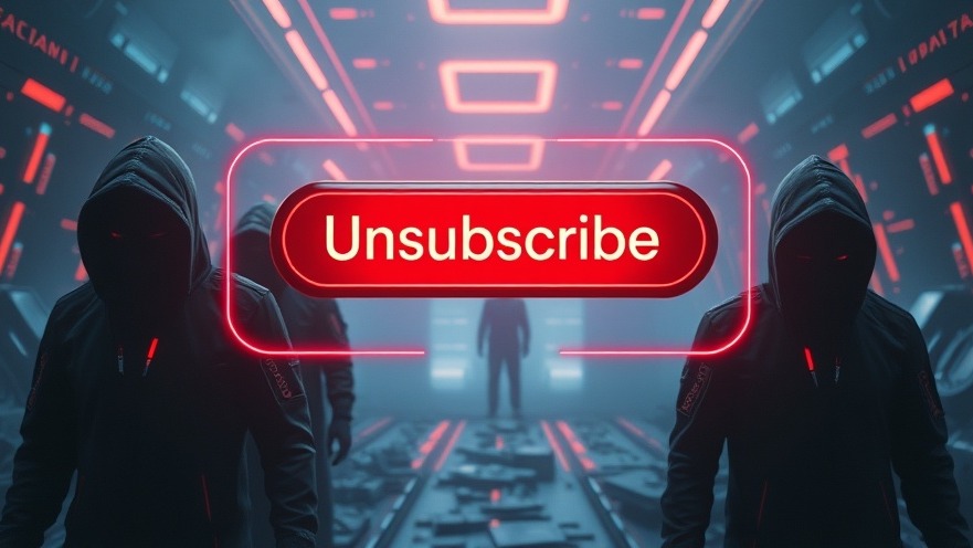 Futuristic digital landscape showing a dangerous 'unsubscribe' button, highlighting cybersecurity scams.