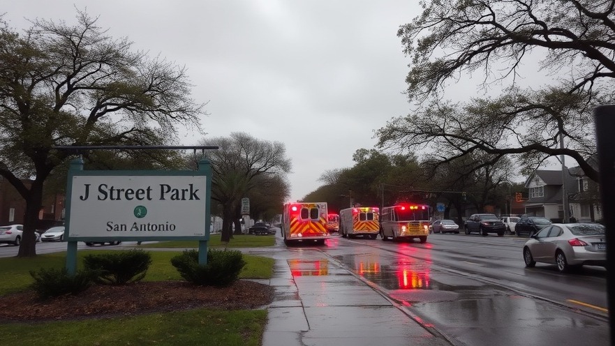 Overcast San Antonio scene near J Street Park, reflecting on wet pavement, emergency vehicles.