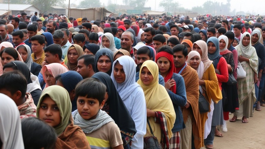Crowd of refugees waiting in line amid immigration policy changes and asylum application delays.