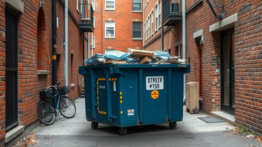 Commercial dumpster in alleyway amidst latest breaking news today.