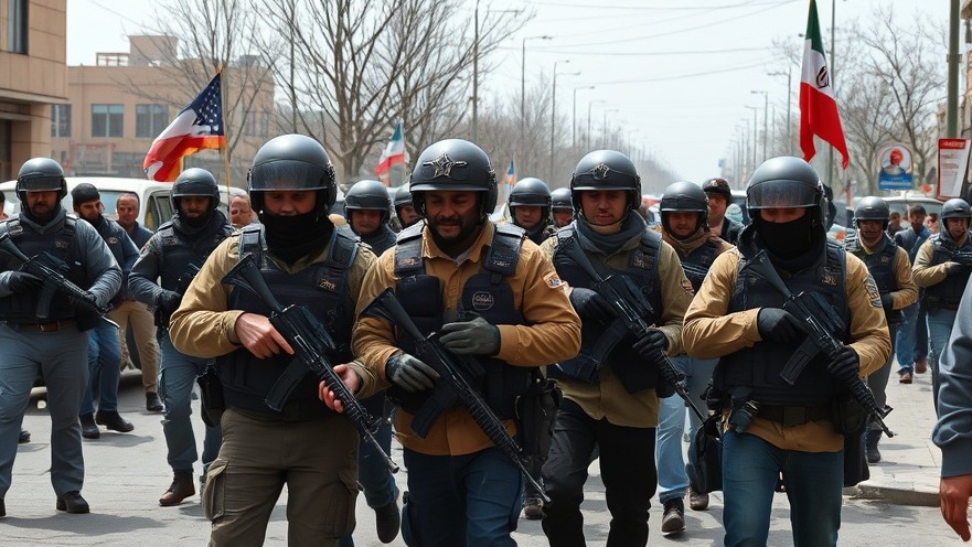 Armed Iranian militia arrests protesters, highlighting Iran espionage arrests amid tensions with Israel.