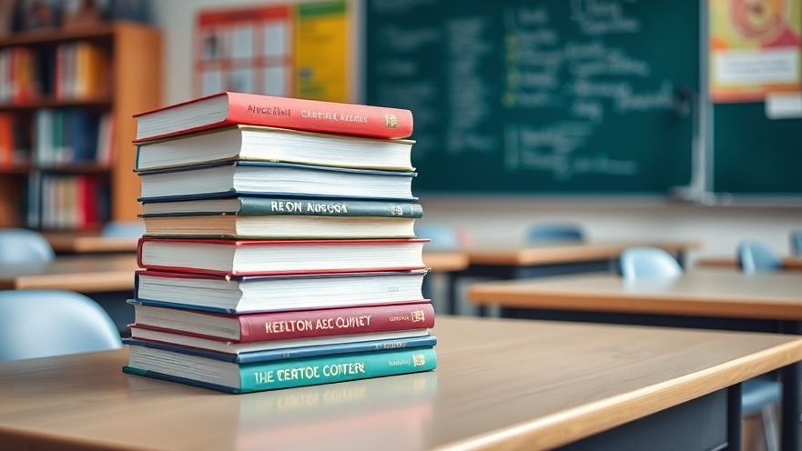 Books stacked on a classroom desk highlighting Texas education news and school voucher impacts.