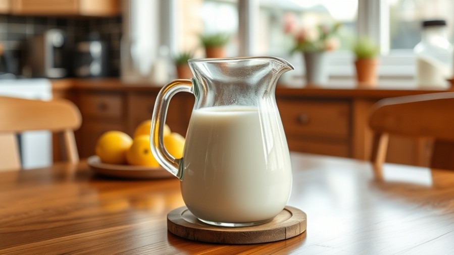Pitcher of milk promoting nutrition for longevity on a kitchen table.