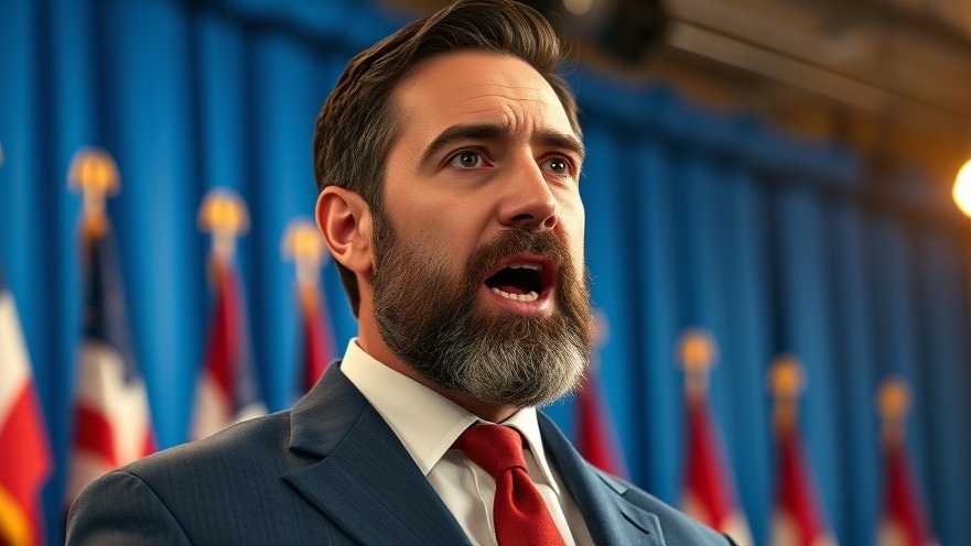 Passionate male speaker in blue suit discusses Republican action gerrymandering.