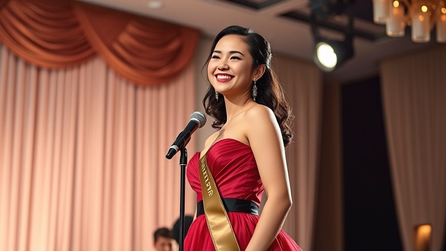 Glamorous young woman in elegant gown at Austin scholarship event, smiling confidently.