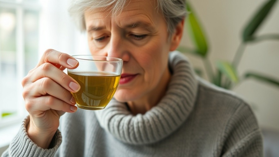 Mature woman enjoying green tea, embracing mindfulness exercises for seniors.