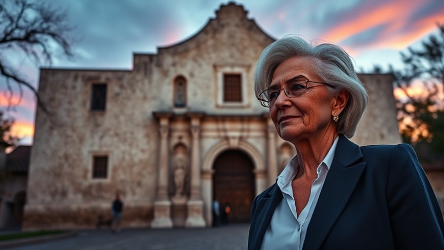Photorealistic image of the Alamo facade at dusk with a modern businesswoman, highlighting the Kate Rogers lawsuit and free speech in Texas.