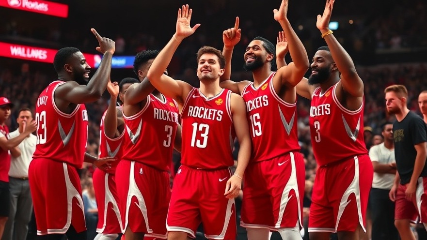 Houston Rockets players celebrate a win in red uniforms, showcasing Houston sports news.