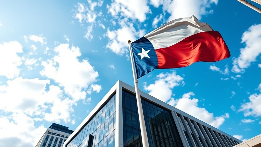 Dynamic modern office building in Dallas, showcasing local flags and vibrant skyline.