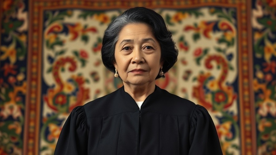 Photorealistic old Latina judge in robe, reflecting on military jurisdiction and state authority.