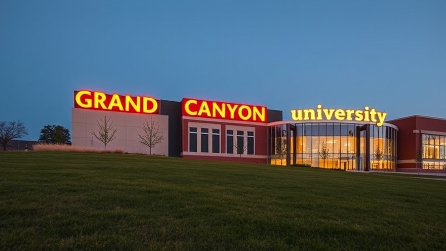Grand Canyon University campus at evening, showcasing vibrant signage and modern architecture in Christian university victory.
