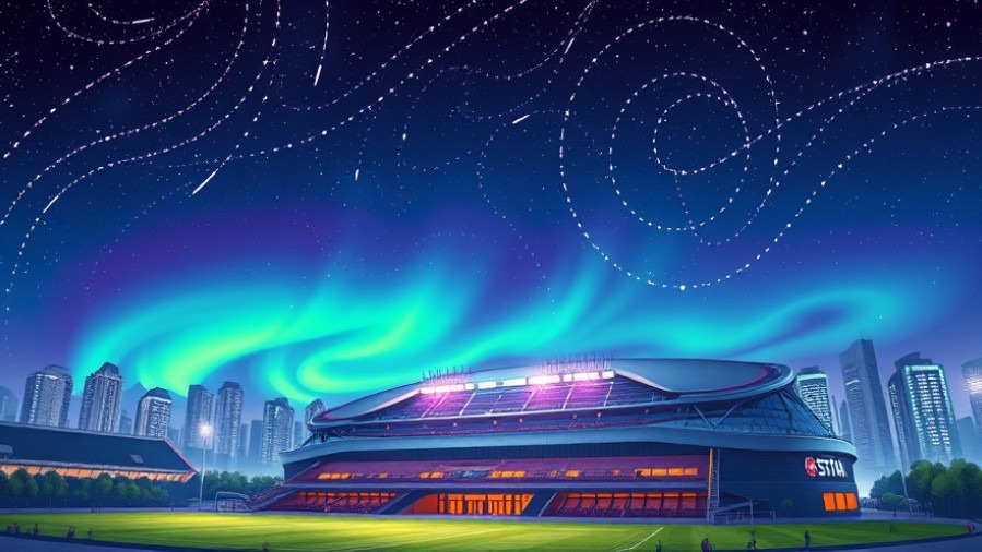 Vibrant cartoon stadium under a starry sky, perfect for lofi hip hop music relaxation.