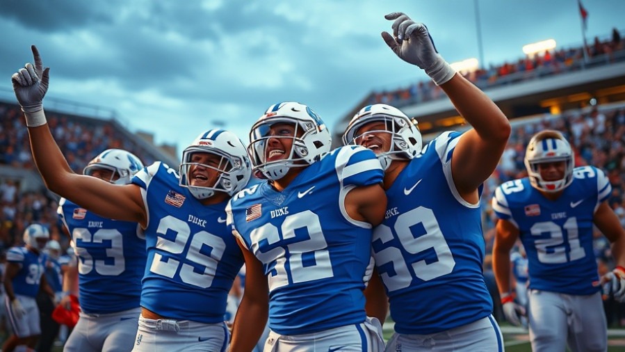 Excited DUKE football players celebrating victory, showcasing team spirit and emotional bond in college basketball.
