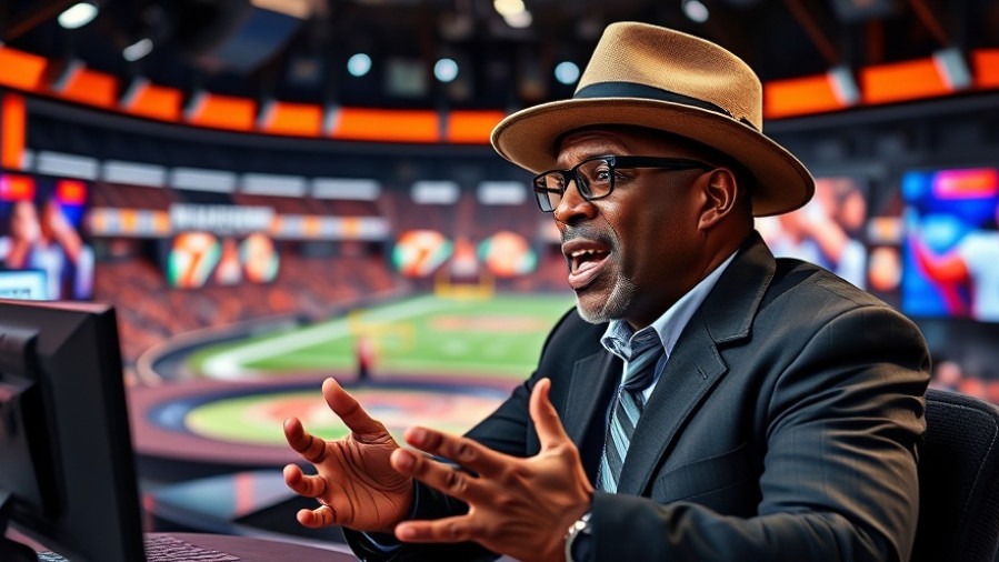 Bold commentator critiques College Football Playoff and 12 team format in vibrant studio.