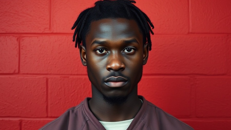 Photorealistic young black man in prison uniform against a textured red background, reflecting youth violence in San Antonio.