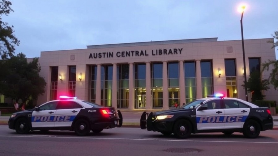 Police cars at Austin Central Library reflecting Austin crime news and public safety.