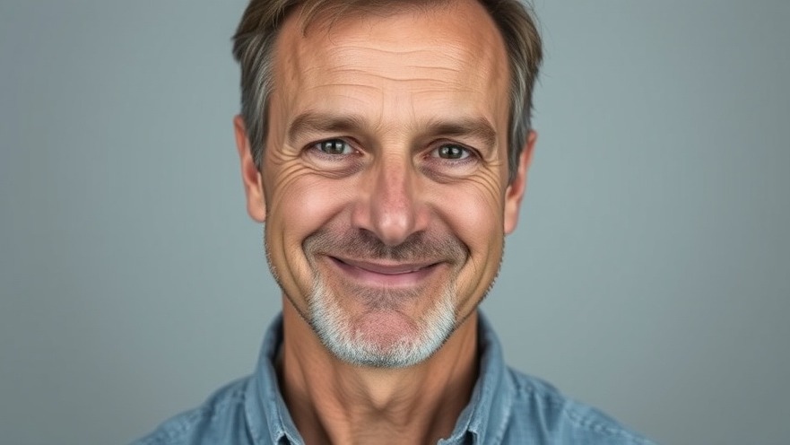 Middle-aged man smiling with news graphics about current news today and child safety concerns.