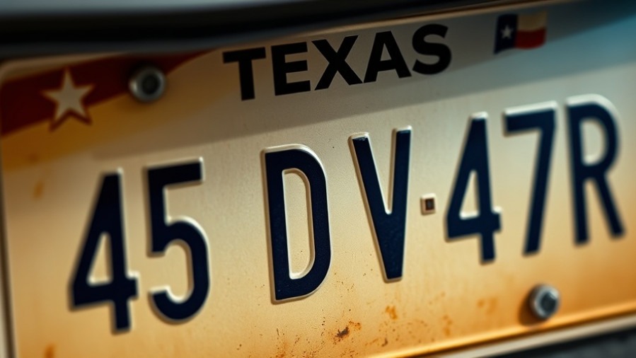 Close-up of Texas license plate with safety message on Hays County crime trends.