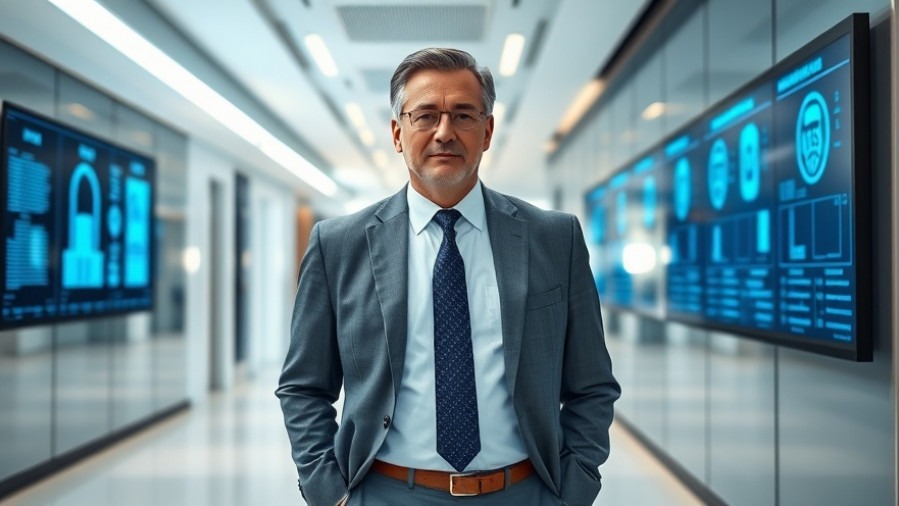Confident businessman in modern office showcasing Dallas business news on digital panels.